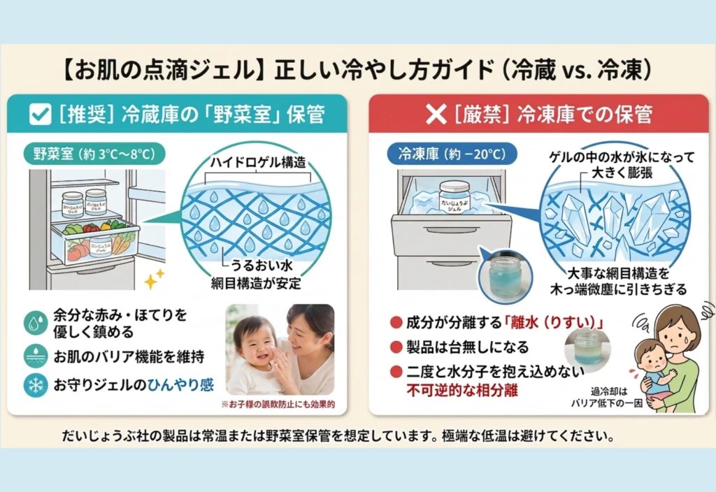 冷凍庫の引き出しに入れられただいじょうぶ保湿ジェル。冷凍庫での保管はゲルの繊細な網目構造を破壊するため厳禁であることを示すイメージ。